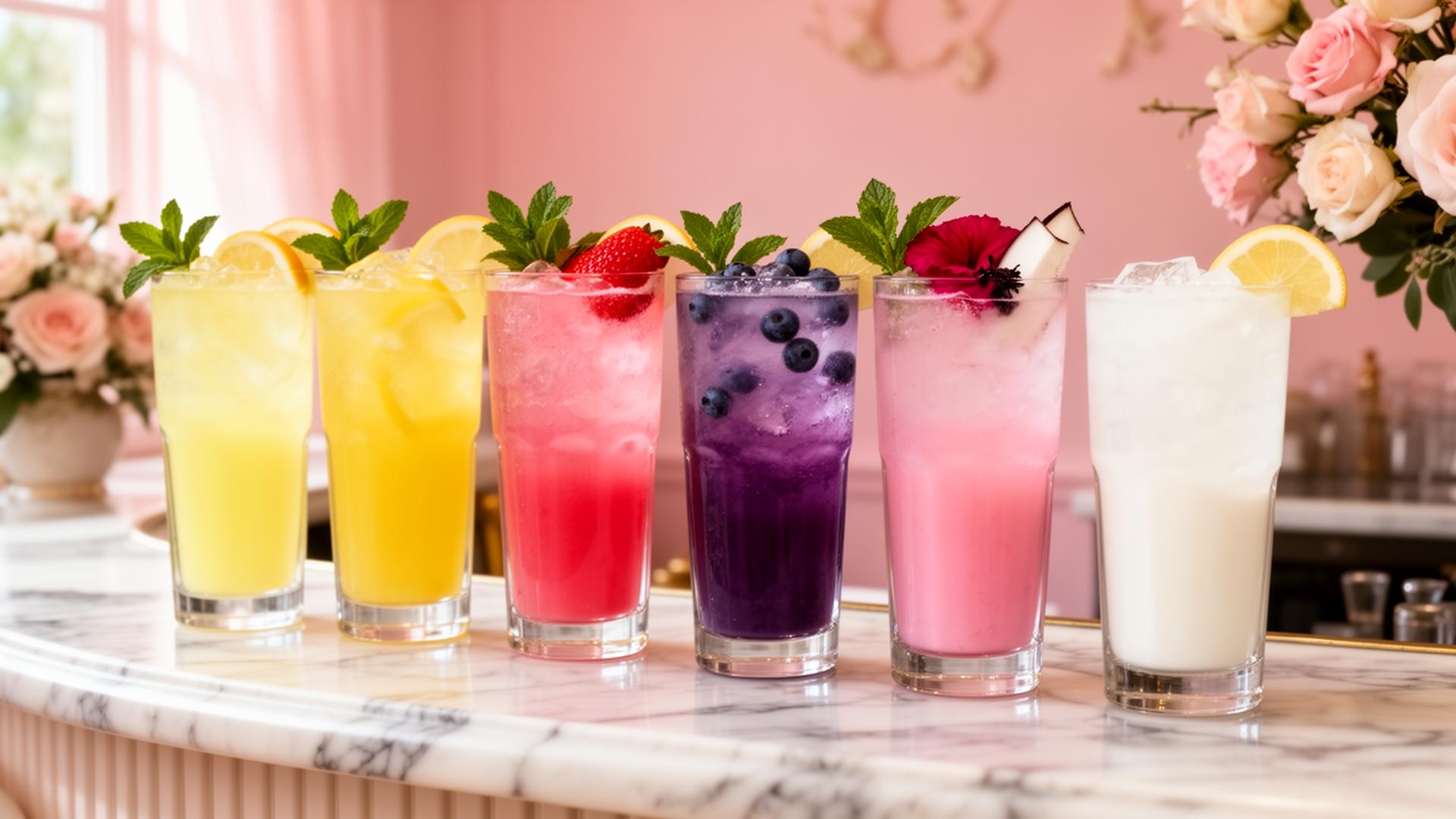 A lineup of pastel lemonades in tall glasses on marble